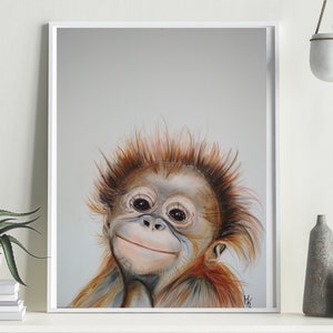 cute animal baby, orangutan, monkey, children's room, print, art print, art, airbrush, wall art, beautiful, home, art poster, hand painted image 1