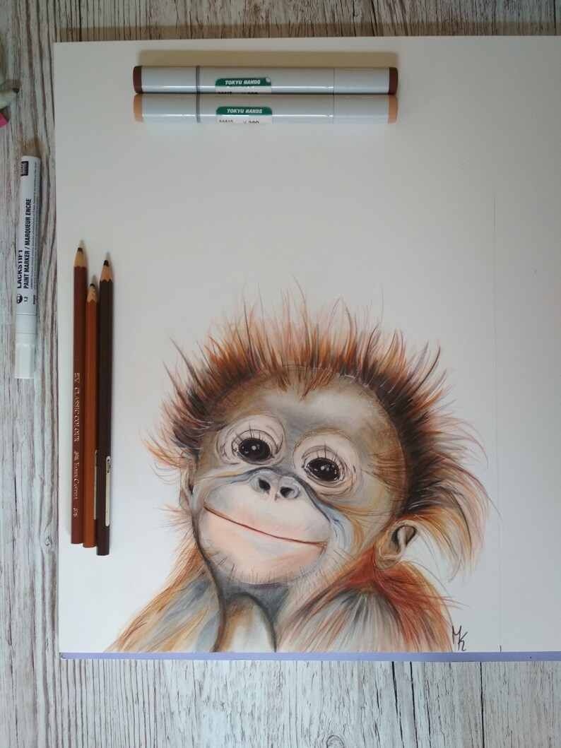 cute animal baby, orangutan, monkey, children's room, print, art print, art, airbrush, wall art, beautiful, home, art poster, hand painted image 3