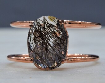 Black Rutile Ring 925 Sterling Silver Ring Twist Band Ring Natural Black Rutile Gemstone Ring Emerald Cut Ring Silver Designer Rings
