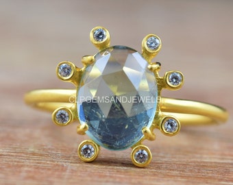 925 Starling Silver Ring Beautiful Ring Tourmaline Gemstone Rose Cut Diamond 