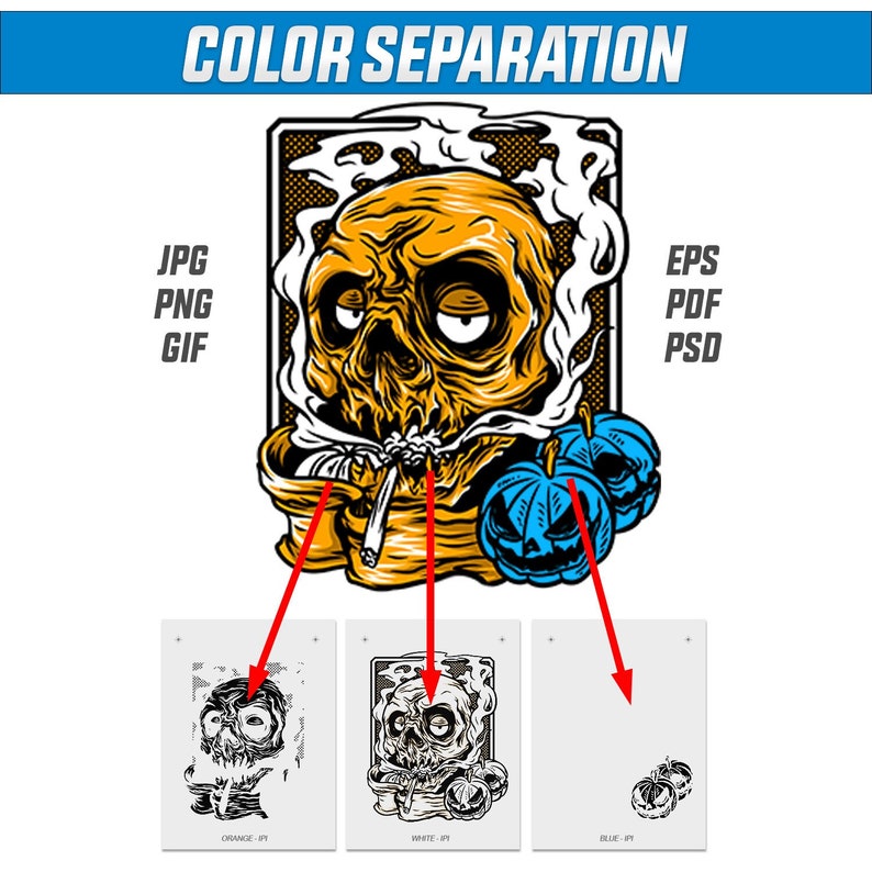 May include: Color separation illustration of a skull smoking a cigarette with a pumpkin in its mouth and two pumpkins on the side. The skull is orange, the pumpkins are blue, and the cigarette is white. The background is black and white.