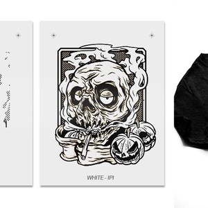 May include: A black and white illustration of a skull smoking a cigarette with a spooky, cartoonish expression. The skull is surrounded by smoke and two jack-o'-lantern pumpkins. The image is in a frame with a black and white checkered pattern.