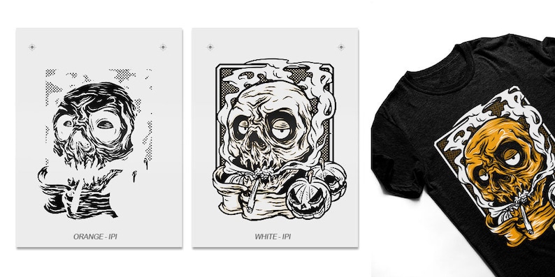 May include: A black and white illustration of a skull smoking a cigarette with a spooky, cartoonish expression. The skull is surrounded by smoke and two jack-o'-lantern pumpkins. The image is in a frame with a black and white checkered pattern.
