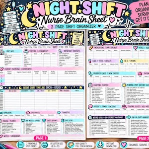 Könnte beinhalten: Ein zweiseitiger Night Shift Nurse Brain Sheet Organisationsplan mit farbenfrohem, illustriertem Design, der Abschnitte für Patientenübersicht, Vitalwerte, Medikamente, Labore und Schichtpläne enthält. Das Dokument zeigt Textüberschriften wie Night Shift Nurse Brain Sheet und verschiedene Symbole für pflegerische Aufgaben auf weißem Hintergrund.