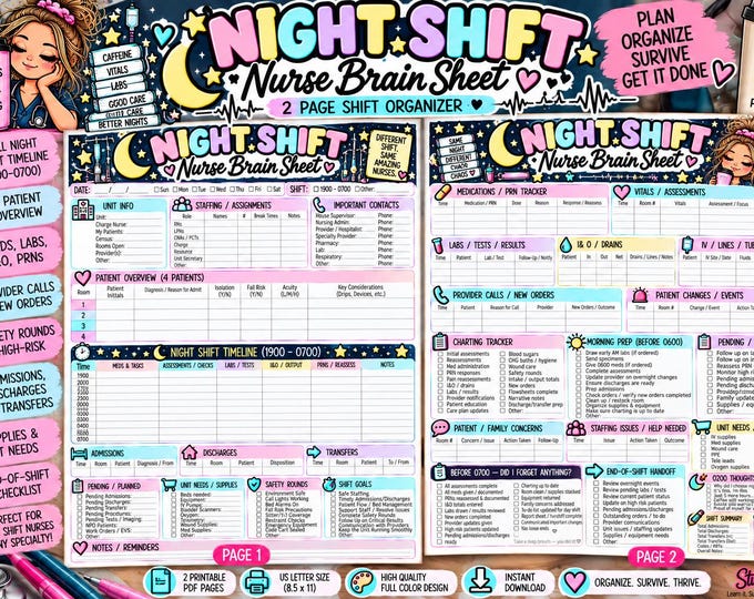 Night Shift Nurse Brain Sheet | 2 Page Nursing Shift Organizer | 1900-0700 Nurse Report Sheet | Night Nurse Printable | Digital Download
