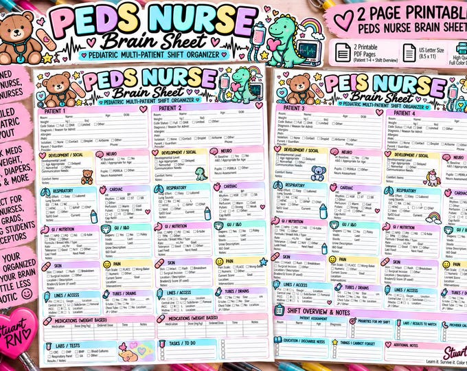 Pediatric Nurse Brain Sheet | 4-Patient Shift Organizer (Digital Download)
