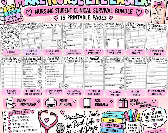 Nursing Student Clinical Bundle | 16-Page Printable Worksheets (Digital Download)