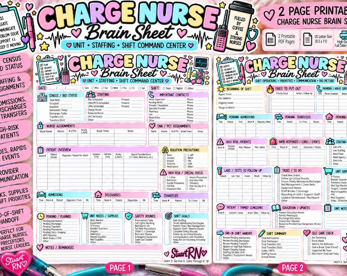 Charge Nurse Brain Sheet | 2-Page Shift Organizer (Digital Download)