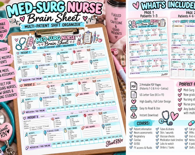 Med-Surg Nurse Brain Sheet | Multi-Patient Shift Organizer (Digital Download)