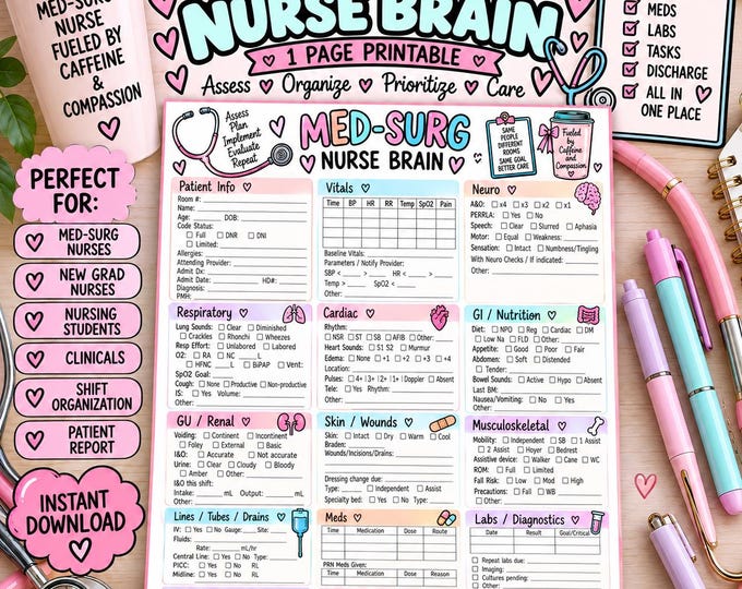 Med-Surg Nurse Brain Sheet | 1-Page Patient Assessment Organizer (Digital Download)