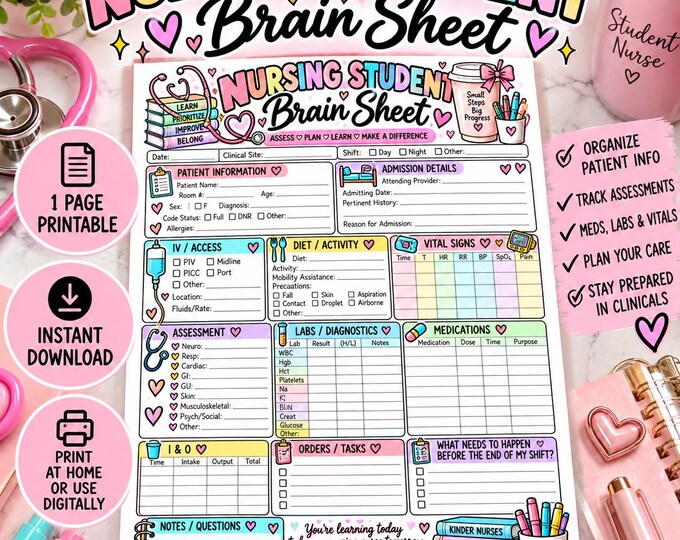Nursing Student Clinical Brain Sheet | Patient Care Organizer (Digital Download)