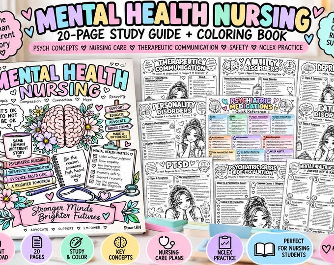 Mental Health Nursing Study Guide + Coloring Book | 20-Page Psych Nursing Notes (Digital Download)