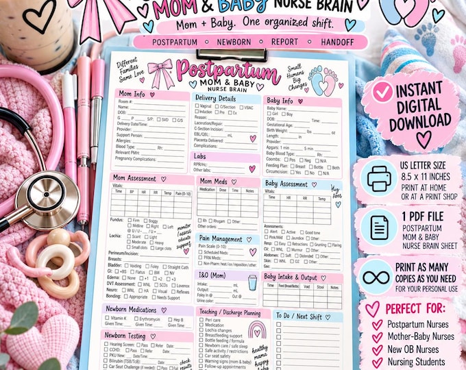Postpartum Mom and Baby Nurse Brain Sheet | Organized Report and Handoff (Digital Download)