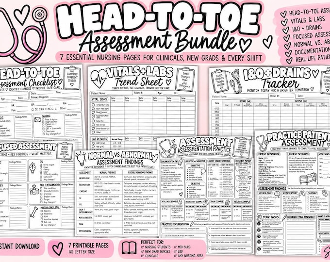 Nursing Head-to-Toe Assessment Bundle | Clinical Worksheets, Documentation Practice (Digital Download)
