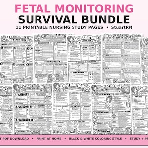 Peut inclure: Un ensemble de survie pour le monitoring fœtal comprenant 11 pages d'étude infirmière imprimables par StuartRN. Ces feuilles éducatives en noir et blanc incluent des diagrammes, des graphiques et du texte sur le rythme cardiaque fœtal.