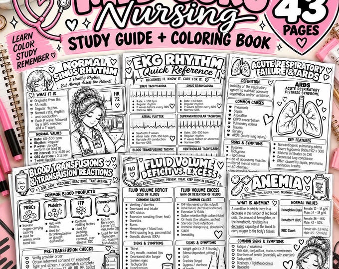 Med-Surg Nursing Study Guide + Coloring Book | 43-Page NCLEX Review (Digital Download)