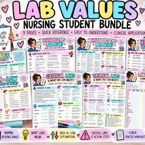 Puede incluir: Un paquete digital para estudiantes de enfermería con nueve páginas de valores de laboratorio, rangos de referencia y hojas de trabajo clínicas. Los documentos incluyen encabezados coloridos, tablas e ilustraciones de una enfermera con un portapapeles.