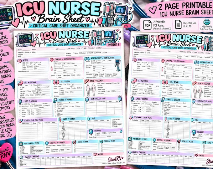 ICU Nurse Brain Sheet | Critical Care Shift Organizer (2-Patient Printable)