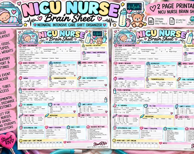 NICU Nurse Brain Sheet | 2-Page Neonatal Shift Organizer (Digital Download)