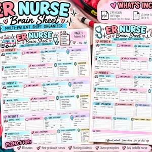 May include: Two printable ER Nurse Brain Sheet pages for multi-patient shift organization. The documents feature sections for patient details, workups, medications, and shift overviews with a colorful design, medical icons, and text headers.