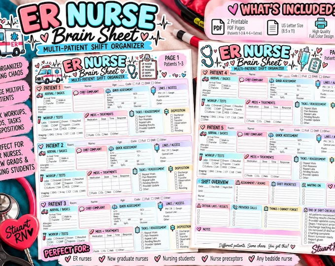 ER Nurse Brain Sheet | 6-Patient Emergency Room Organizer (Digital Download)