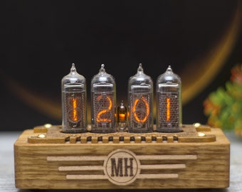 Personalized nixie clock IN14. Mid century style 4 lamps. Orange backlight. Oak wooden case. Holiday gift