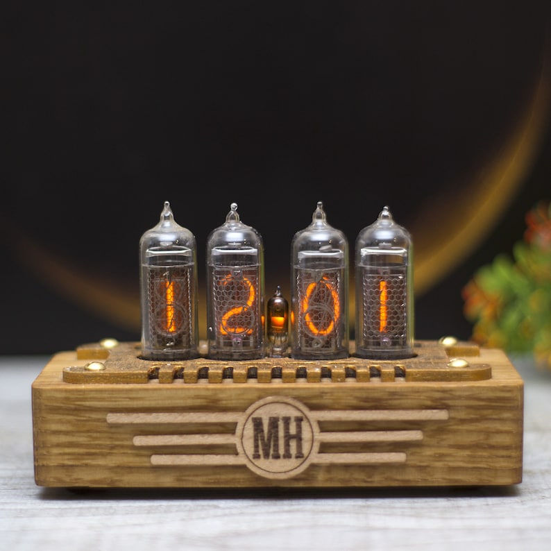 Personalized nixie clock IN14. Mid century style 4 lamps. Orange backlight. Oak wooden case. Holiday gift image 1