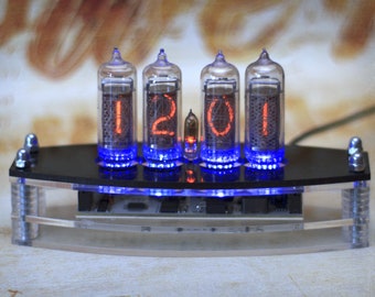 Nixie clock IN14 in acrylic case with adjustable blue backlight. Acrylic case.