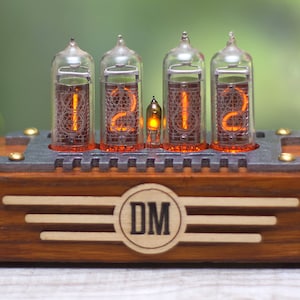 IN14 personalized gift nixie clock. Mid century style 4 bulbs. Orange backlight. Ash wooden case. Father&#39;s Day gift