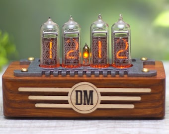 IN14 personalized gift nixie clock. Mid century style 4 bulbs. Orange backlight. Ash wooden case. Father's Day gift