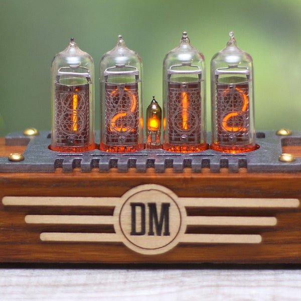 IN14 personalized gift nixie clock. Mid century style 4 bulbs. Orange backlight. Ash wooden case. Father's Day gift