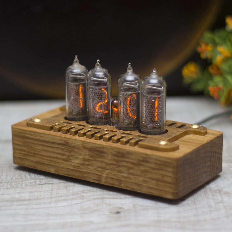 Personalized nixie clock IN14. Mid century style 4 lamps. Orange backlight. Oak wooden case. Holiday gift image 3