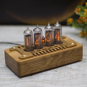 Personalized nixie clock IN14. Mid century style 4 lamps. Orange backlight. Oak wooden case. Holiday gift image 6