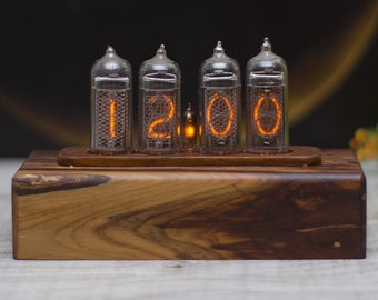 Nixie clock IN14. Mid century style 4 lamps. Orange backlight. Apricot wooden case. Unique gift