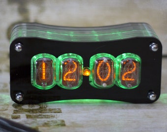 IN-12 Nixie Clock with green adjustable backlight. Acrylic case.