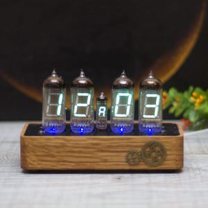 VFD Tube Clock: Vintage IV-11 Indicator, Oak Wood Case, Blue Backlight