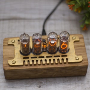 Personalized nixie clock IN14. Mid century style 4 lamps. Orange backlight. Oak wooden case. Holiday gift image 9