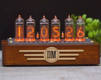 Personalized nixie clock IN14 full color backlight mid century style 6 lamps. Natural ash wood. Wireless radio remote control.