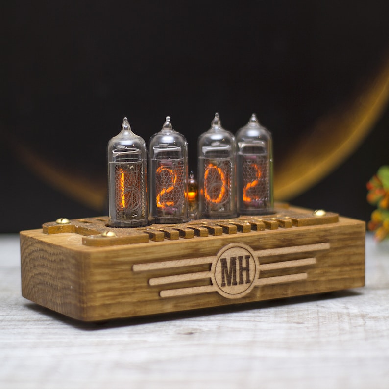 Personalized nixie clock IN14. Mid century style 4 lamps. Orange backlight. Oak wooden case. Holiday gift image 2