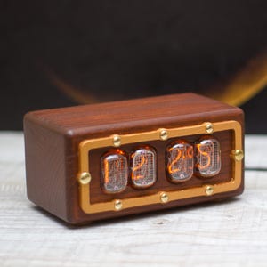 IN12 nixie tube clock with orange backlight. Natural ash wooden case. Gift for dad.
