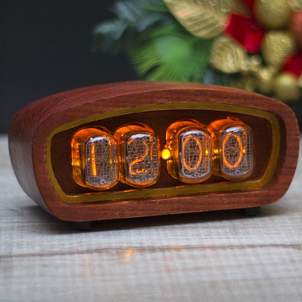 Nixie clock IN12. Mid century style. Old radio style 4 bulbs. Orange adjustable backlight. Natural ash wooden case. Holiday gift.