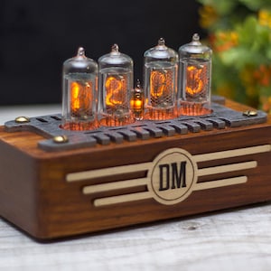 Personalized nixie clock with Z5740 bulbs. Mid century style. Natural ash-tree wooden case. Orange backlight. Anniversary gift.