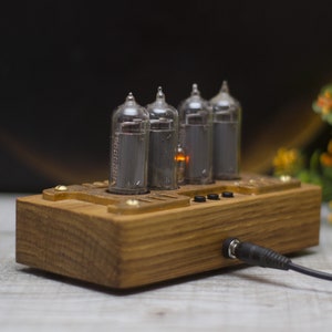 Personalized nixie clock IN14. Mid century style 4 lamps. Orange backlight. Oak wooden case. Holiday gift image 5