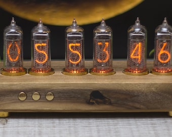 IN14 nixie clock mid-century style. 6 lamps and full color backlight. Natural walnut-tree case.