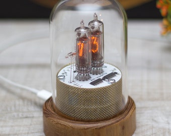 Nixie lamp thermometer with Wi-Fi. Room and city temperature. Mid-century style. Natural Robinia wood. USB supply.