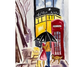London Original Watercolor Painting Couple Love Story Cityscape Landscape Art 9 x 12 inches