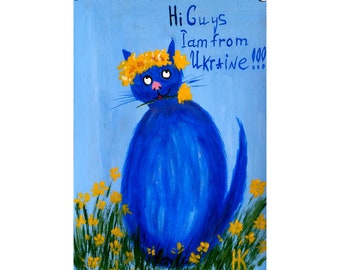Cat Painting Animal Original Art Pet Artwork Home Wall Art 12 by 8" by Halyna Kirichenko