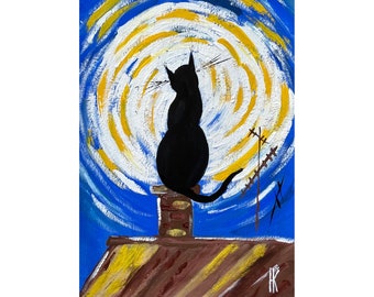 Cat Painting Animal Original Art Pet Artwork Moon Small Wall Art 8 by 12" by Halyna Kirichenko