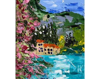 Lake Como Painting Bellagio Original Art Italy Oil Impasto Europe Artwork Travelling Landscape Wall Art 6 by 8" by Halyna Kirichenko