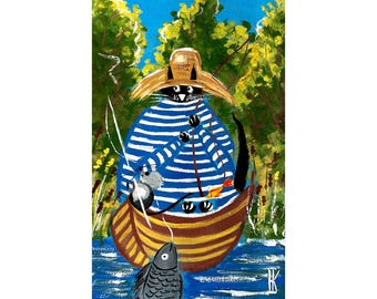 Cat Original Gouache Painting Fishing  Pet Animal Small Wall Art 8 x 12 inches